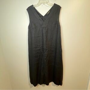 Yaly Couture V-Neck Black Linen Sleeveless Midi Dress